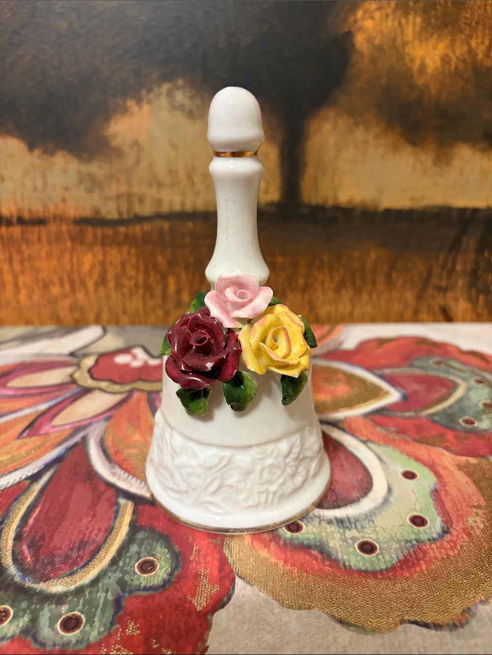 Porcelain Floral Bell - White with Pink, Burgundy & Yellow Roses